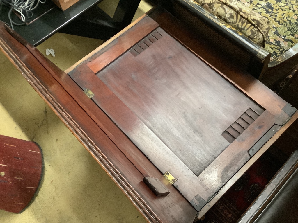 A George III mahogany drop flap writing table, rising mechanism, width 74cm depth 53cm height 67cm